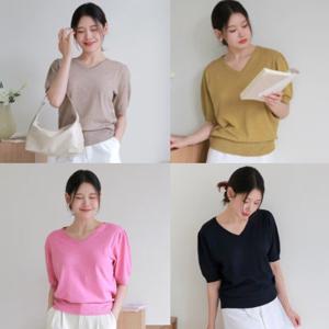 ★4종세트★[최초가 89,000원][르포엠]린넨 블렌드 셀린 브이넥 퍼프니트 4종세트