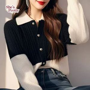 [쉬즈프리티] 블랙앤화이트배색카라니트_여성겨울니트