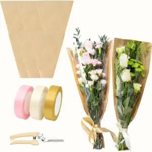 꽃다발용 로초셍 50PCS 크래프트 플라워 슬리브 키트 선물 리본과 꽃 DIY 포장 간편한 179 가위가 인치 98
