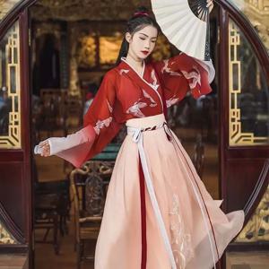 현대 중국 스타일 한푸 명나라 개선 전통 원피스, 레드 코스튬, 여자 여아용 구레 코트 스커트 세트, 댄스웨어 XL