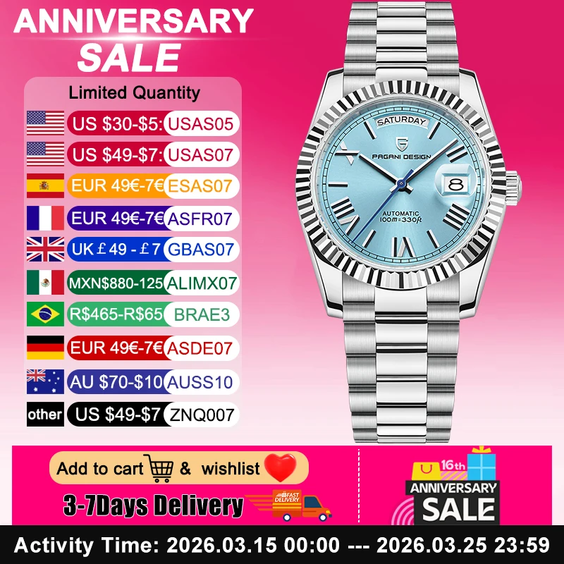 파가니 디자인 2026 신제품 남성용 시계 기계식 탑 브랜드 럭셔리 자동 시계 남성용 AR 사파이어 글라스 캘린더 손목시계