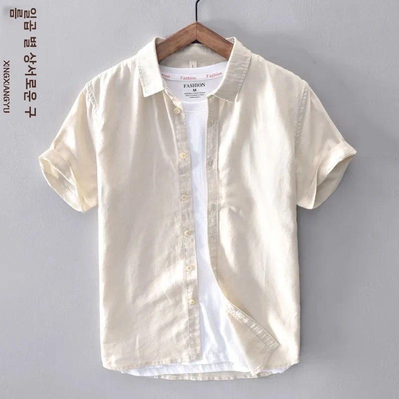 일본식 캐주얼 린넨 셔츠 젊은 남성용 얇은 루즈핏 반팔 면 린넨 셔츠 여름 반팔 남성 셔츠