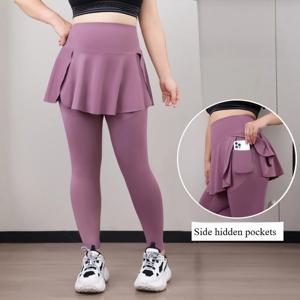 플러스 사이즈 핏 200lbs 요가 가짜 2개 품목 포켓이 있는 레깅스 상어 가죽 하이 웨이스트 스커트 바지 체육관 트레이닝 슬림 스타킹