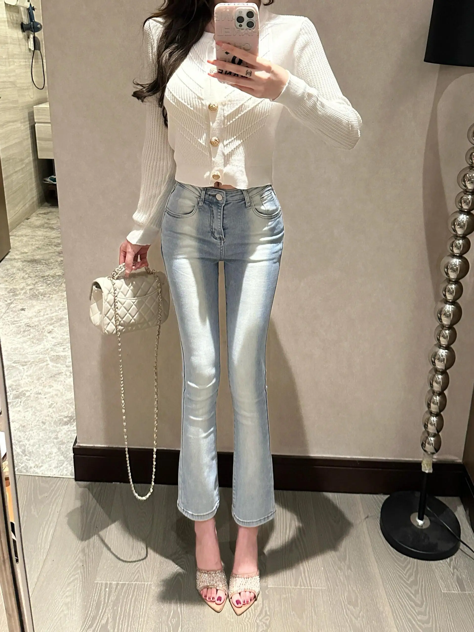 독특하고 아름다운 라이트 블루 그라데이션 하이 웨이스트 스트레이트 레그 청바지 통통한 힙 나인 포인트 팬츠 한국 스타일 슬리밍 레깅스