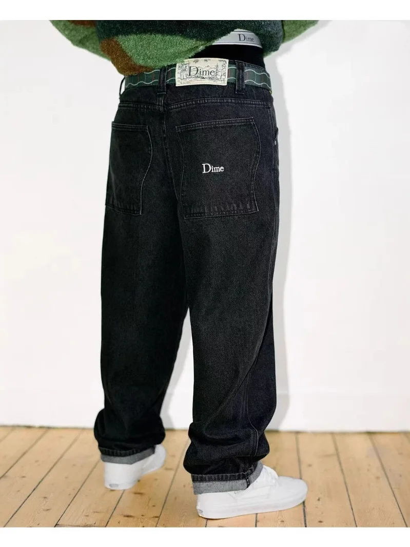 워싱 데님 진 루즈핏 캐주얼 남성 스트릿웨어 스트레이트 레그 스케이트보드 팬츠 미드 웨이스트 지퍼 클로저 여름 청바지