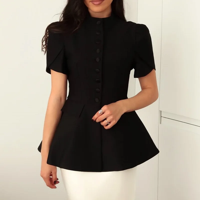 여성용 2025 가을 신상 패션 블레이저 재킷 스탠드 칼라 버튼 프론트 솔리드 컬러 슬림 핏 반팔 허리 디자인