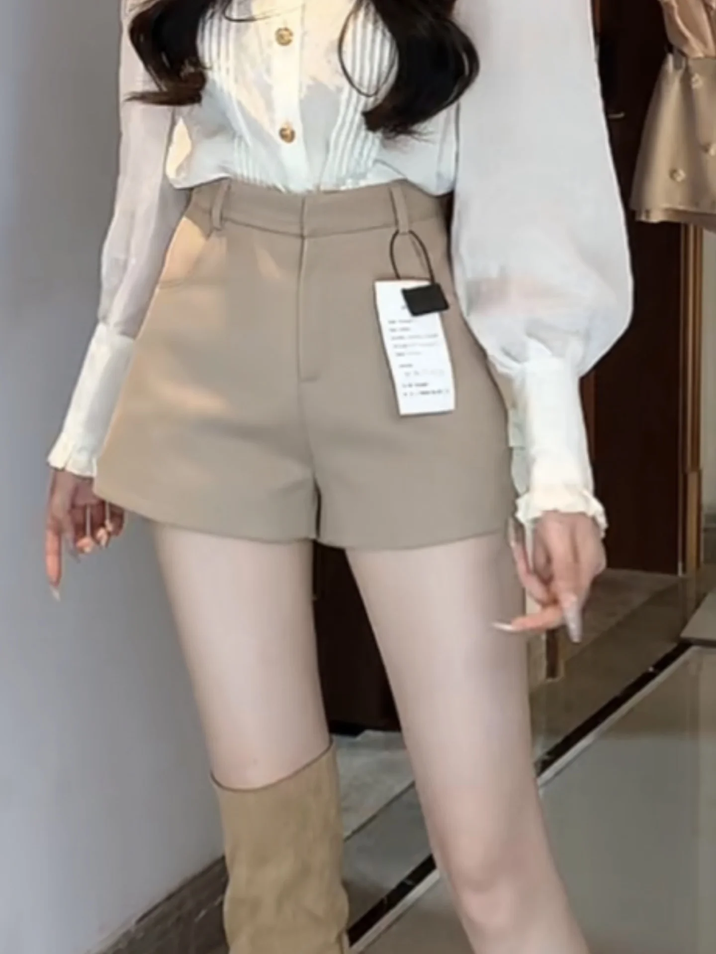 카키색 수트 팬츠 여성 플러스 사이즈 캐주얼 와이드 레그 가을 루즈핏 다용도 A라인 핫팬츠 가성비 스타일 출퇴근 슬림핏 하이웨이스트 숏 기장 우아한 여성복