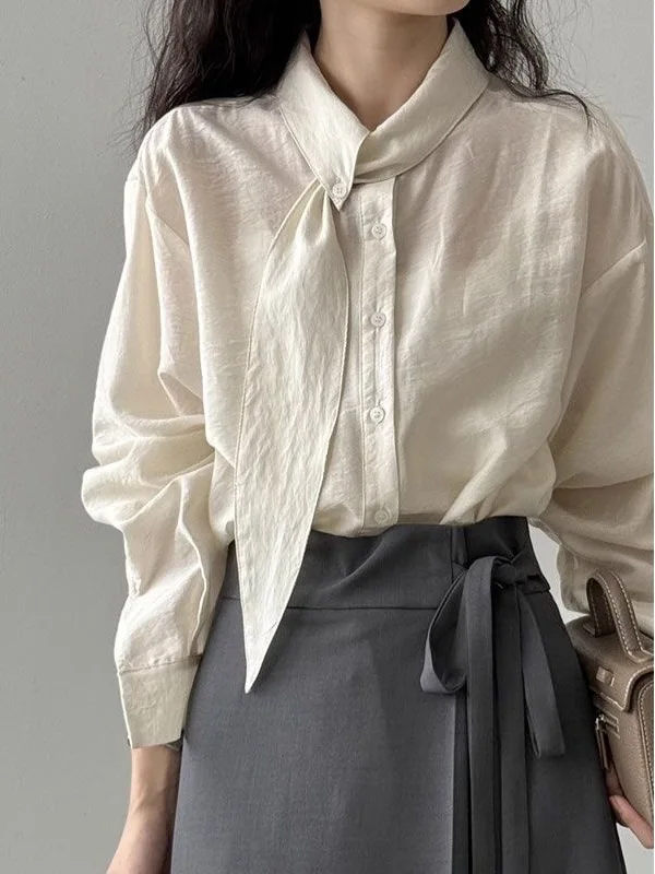 한국 스타일 긴팔 셔츠 여성 가을 디자인 스카프 칼라 루즈핏 출퇴근 패션 스몰 셔츠 버튼 플래킷 스플라이싱 오픈 가디건