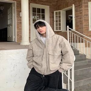 워싱 빈티지 후드 코튼 재킷 남성용 겨울 보온 아우터 스탠다드 핏 긴소매 지퍼 클로저 솔리드 컬러 청자켓