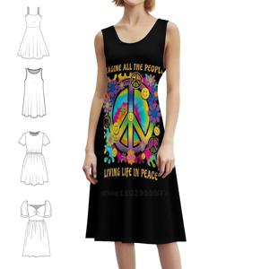 모든 사람들이 평화로 삶을 사는 모습을 상상해 보세요 히피 타이 프레피 스타일 미니 드레스 여성용 A라인 루즈핏 캐주얼 데이 드레스