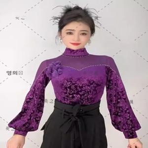 모던 댄스 원피스 탑 여성용 우아한 골드 벨벳 스퀘어 댄스 스탠드 칼라 랜턴 슬리브 베이스 셔츠 댄스 의상