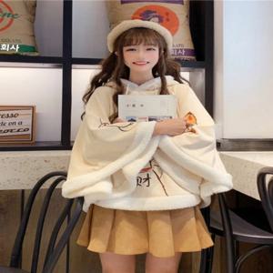 귀여운 고양이 귀 플리스 안감 두꺼운 학생 재킷 여성용 일본 스타일 소프트걸 후드 따뜻한 망토 어깨 랩 칼라 핀
