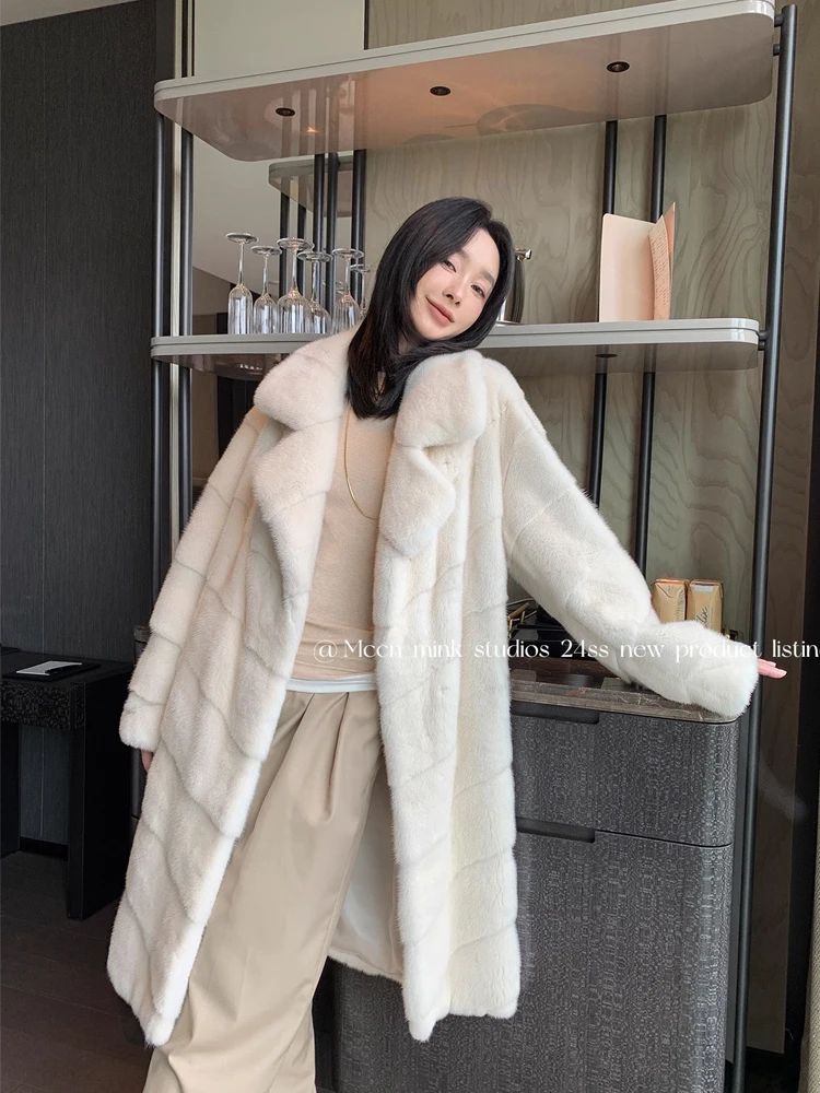 HDHOHR 여성용 진짜 밍크 모피 코트, 고급 전체 모피 코트, 따뜻한 긴 진짜 밍크 모피 재킷, 여성 패션, 겨울, 2025 신상