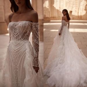 럭셔리 진주 웨딩 원피스 오프 숄더 신부 가운, 분리형 기차 스팽글 신부 드레스, 백리스 맞춤형 베스티도 드 노비아