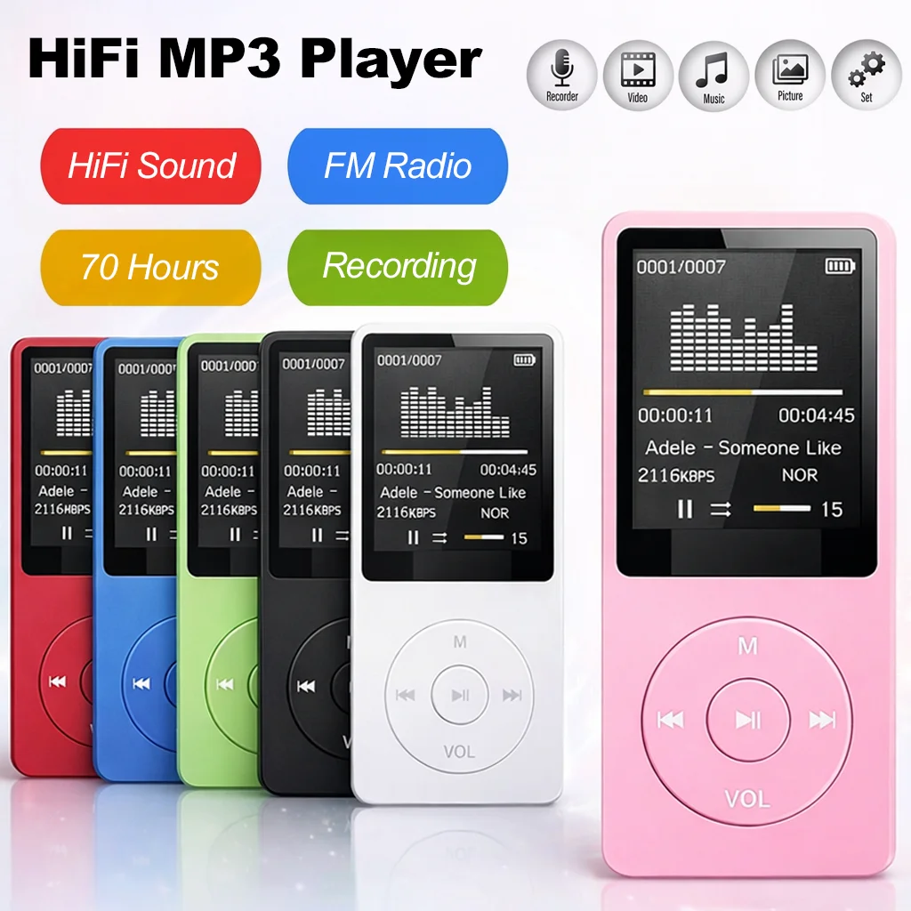 HIFI 사운드 다기능 MP3 음악 플레이어 — 미니 디지털 디스플레이 화면 FM 라디오 전자책 녹음 음악 워크맨
