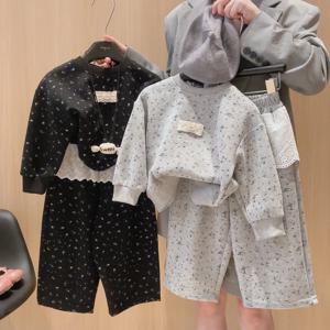 한국 스타일 여아 가을 겨울 옷 세트 유아 아동 중대형 투피스 수트 면 혼방 편안한 아동복
