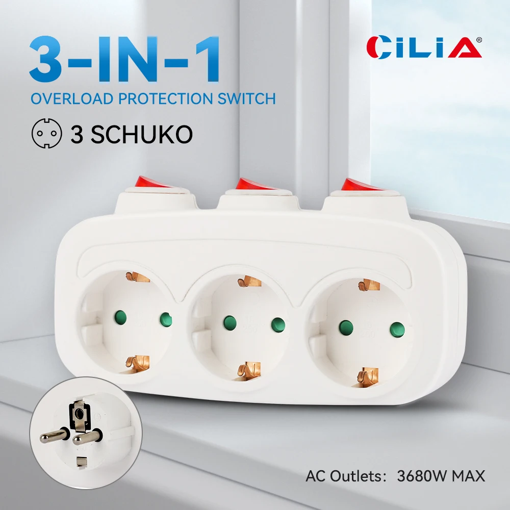 CILIA 1/2pcs EU 플러그, 3-in-1, 3개의 스위치 제어 기능이 있는 벽면 콘센트, 멀티 전원 스트립, 3개의 전원 소켓, 가정용