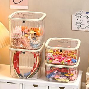 헤어 액세서리 보관함 1개, 데스크탑 압착식 보석함, 뚜껑 포함, 여자아이 고무줄 머리띠 헤어핀 정리함