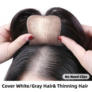 클립 필요 없는 여성용 투명 스킨 베이스 헤어 토퍼, 매직 페이스트 인모 헤어피스, 얇아지는 모발 및 새치 커버, 간편 착용