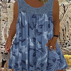 플러스 사이즈 여성용 민소매 라운드넥 A라인 원피스, 배색 레이스 테두리 플로럴 프린트 - 무릎 길이 캐주얼 & 프레티