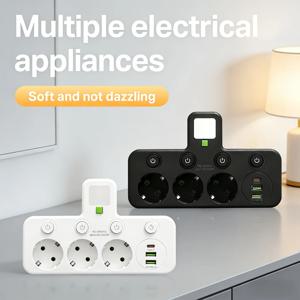 벽면 소켓 4개의 AC 콘센트 2개의 USB 포트 1개의 Type-C EU 플러그 충전기 가정용 전원 스트립 소켓용 전기 스위치, 야간 조명