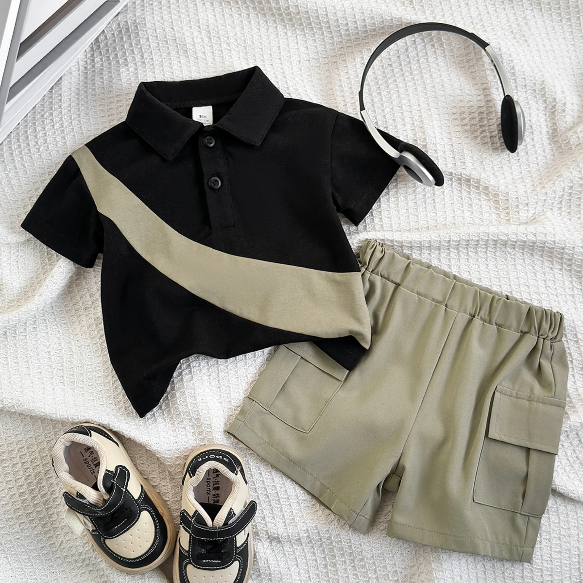 2피스 아기 남아 스포츠 및 레저 세트, 칼라 블록 반팔 및 반바지, 0-3세 유아용 여름 세트