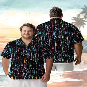 남성용 플러스 사이즈 하와이안 셔츠 레인보우 워터 드롭 패턴, 여름 캐주얼 탑, 야외 및 파티에 적합, 스트리트웨어