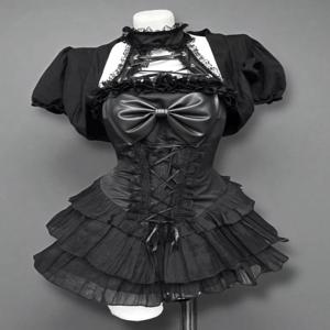 고딕 Y2K 핫걸 신상 투피스 세트 여성 디자인 리본 레이스 슬래시 넥 다크 드레스 슈트 여성용 + 빈티지 퍼프 슬리브 가디건