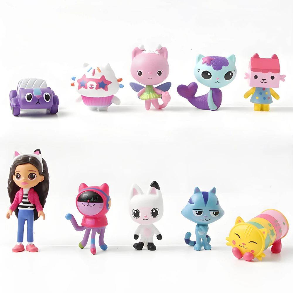 새로운 10개입 개비 돌하우스 애니메이션 피규어 장난감 웃는 자동차 고양이 포옹 개비 소녀 인형 머캣 만화 생일 어린이 선물