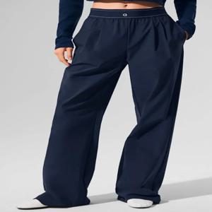 요가 스포츠 와이드 레그 팬츠 여성 얇은 캐주얼 루즈 네이비 블루 헐렁한 스웨트 팬츠 신축성있는 허리 솔리드 피트니스 조깅 바지 여성