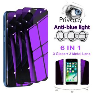 6in1 [보라색 유리 + 금속 카메라 렌즈 3개] iPhone 11 12 13 Mini 14 15 Plus Pro Max용 블루레이 방지 개인 정보 보호 화면 보호기