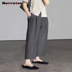 Botvotee Office 우아한 블랙 그레이 발목 길이 정장 바지 여성용 하이 웨이스트 하렘 바지 포켓이있는 패션 바지