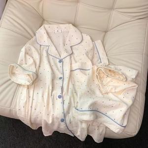 여성용 프린트 폴카 도트 면 잠옷 세트, 반팔 상의와 반바지 2피스 세트, 캐주얼하고 편안한 홈 세트, 달콤한