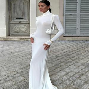 여성용 우아한 패션 터틀넥 긴 원피스, 하이웨이스트 긴팔 슬림, 단색 원피스, 파티 원피스, 가을 2024 신상