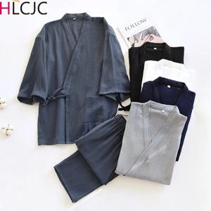2024 남성용 면 잠옷, 루즈 목욕 가운, V넥 기모노 잠옷, 3/4 소매, 레이스업 상의 및 바지, 홈웨어 세트