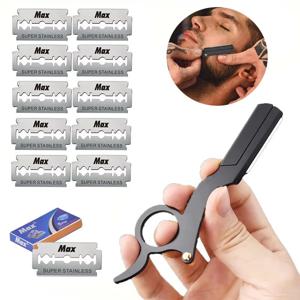 1 + 10pcs bladStainless 스틸 클래식 면도기 엄지 더블 에지 헤어 커팅 대머리 눈썹 쉐이핑 헤어 스탠드
