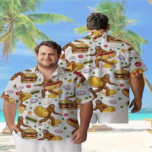 남성용 플러스 사이즈 하와이안 셔츠 재미있는 복고풍 패스트 푸드 테마 패턴, 여름 캐주얼 탑, 야외 및 파티, 스트리트웨어