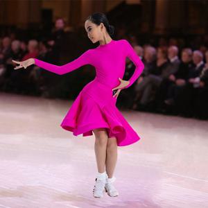 여아 라틴 댄스 대회 의상 광택 있는 원단 긴 소매 댄스 드레스 어린이 차 룸바 댄스 연습복