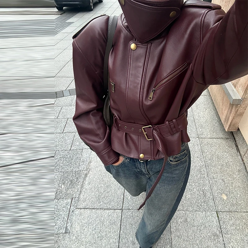 빈티지 여성 가죽 재킷 스탠드 칼라 포켓 숏 코트 레트로 허리띠 지퍼 아우터웨어 2025 신상 가을 겨울 여성 재킷