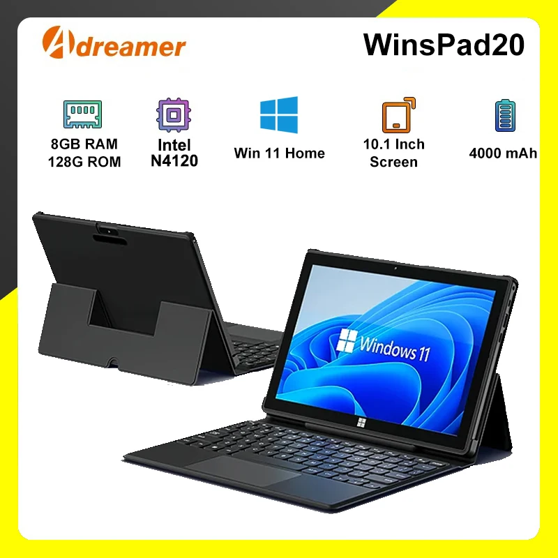 2-in-1 윈도우 PC 10.1인치 태블릿 PC 인텔 셀러론 N4120 8GB 램 128GB SSD 1280x800 IPS 윈도우 11 OS 비즈니스 사무용
