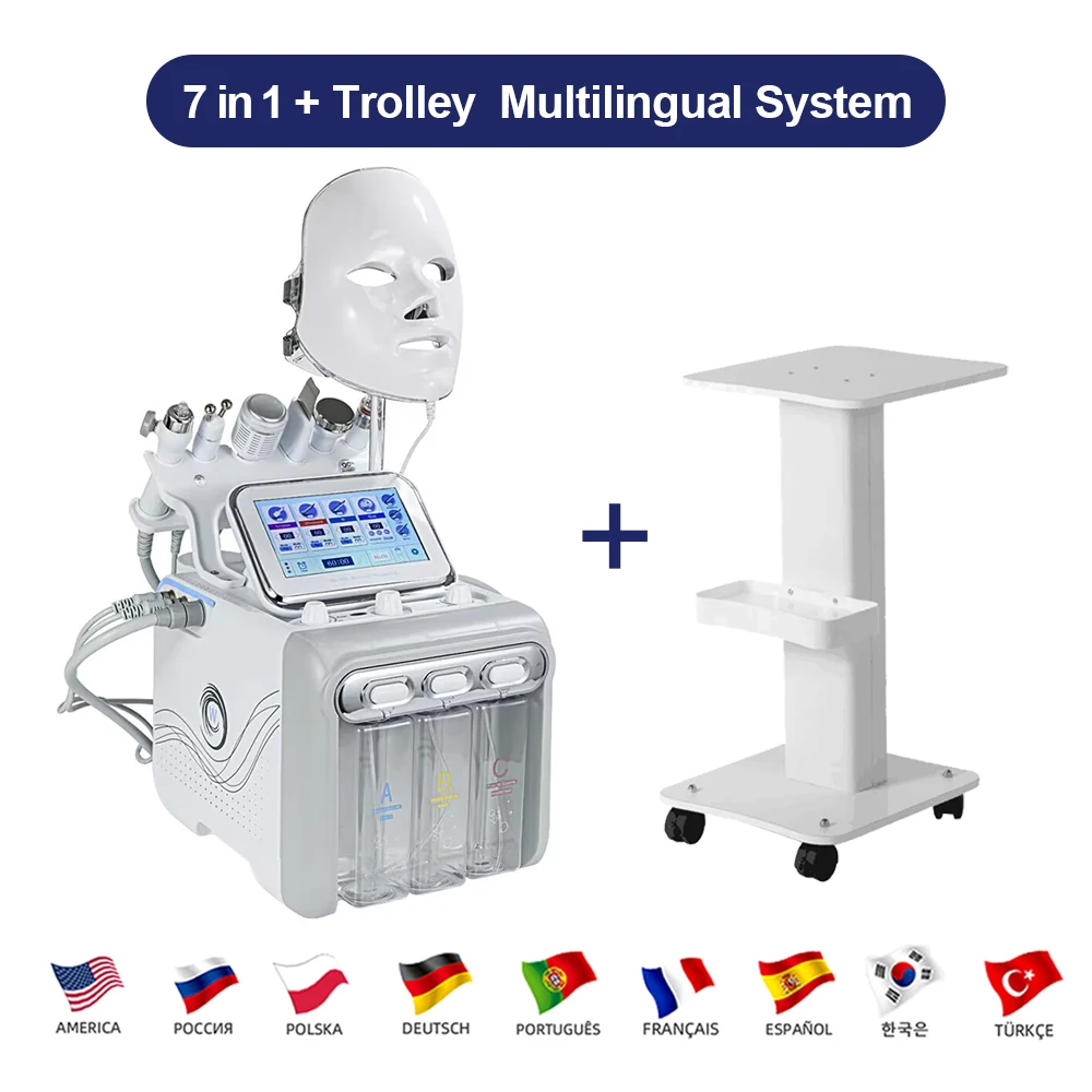 H202 히드라 스몰 버블 7 in 1 하이드로 미세 박피술 아쿠아 필 뷰티 페이셜 머신(Led 마스크 페이스 스킨 클렌징 트롤리 포함)