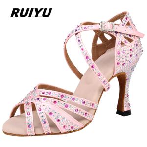 라틴 댄스 신발 여성 살사 탱고 볼룸 파티 여성 신발 라인 석 핑크 블랙 힐 샌들 여름 댄스 스니커즈