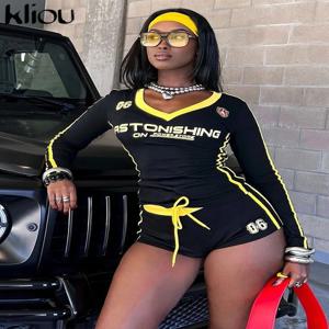 Kliou 여성용 레터 프린트 패널 투피스 세트, 스포티한 가을 매칭, 전체 소매 슬림 티, 밴디지 반바지, 트랙 스트리트웨어