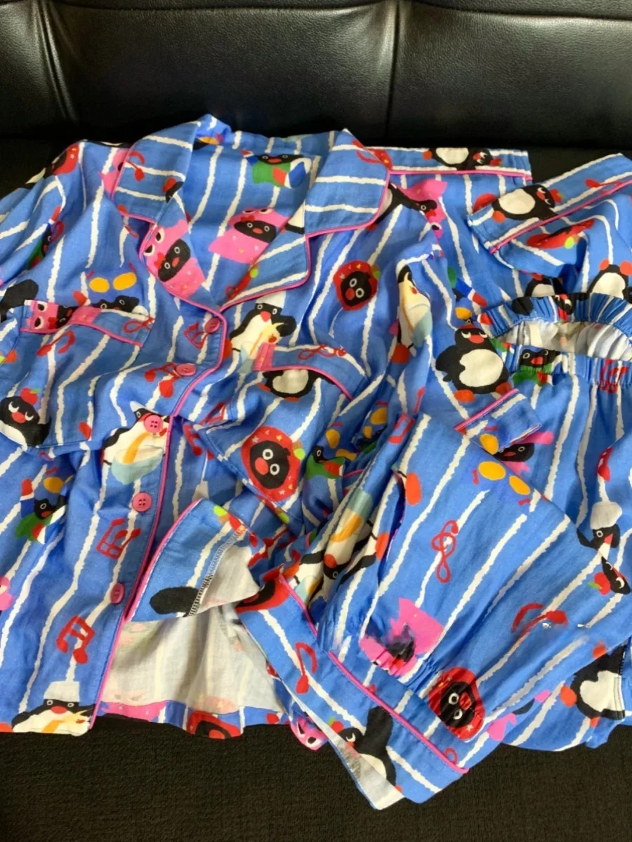 귀여운 펭귄 스트라이프 3피스 세트 여름 캐주얼 반팔 커플 잠옷 남녀 홈웨어 면 소재