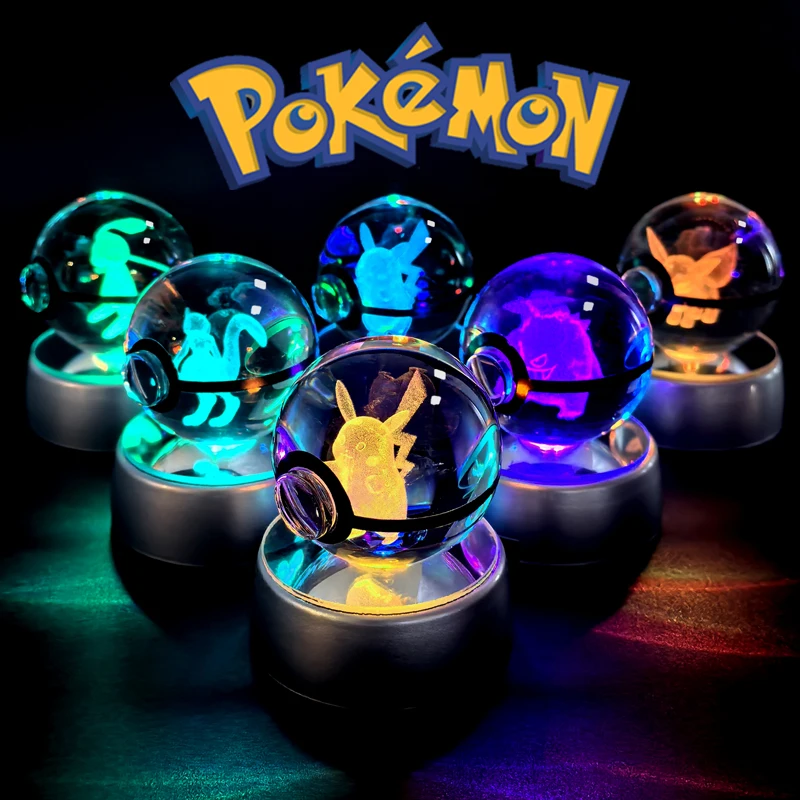 포켓몬 3D 크리스탈 공 피카추 Gengar Eevee Mewtwo 애니메이션 게임 Pokeball Led 야간 조명 기본 크리스마스 선물 홈 인테리어