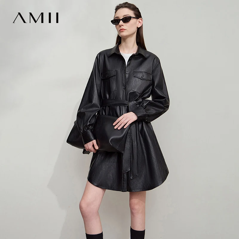 아미 여성 가죽 자켓 2025 가을 신상 레트로 모던 여성 의류 벨트 루즈핏 롱 슬리브 가죽 자켓 여성용 12553042