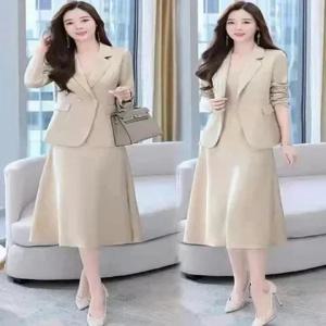 한국 스타일 여성 정장 드레스 중간 길이 재킷과 스커트 투피스 세트 캐주얼 통근 면접 비즈니스 공식 행사