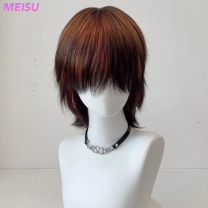 메이수 14인치 스트레이트 뱅 가발 쿨 보이 합성 섬유 레이어드 헤어 내열성 자연스러운 부드러운 연장 헤어 셀피 파티용