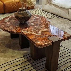 이탈리아 럭셔리 드래곤 레드 대리석 커피 테이블 세트, 디자이너 원형 테이블, 자연스러운 무늬, 열 및 긁힘 방지, 맞춤 제작 가능