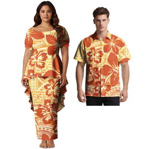맞춤 제작 캐주얼 남성 알로하 셔츠 우아한 여성 디자인 푸레타시 드레스 폴리네시안 플러스 사이즈 커플 매치 의상